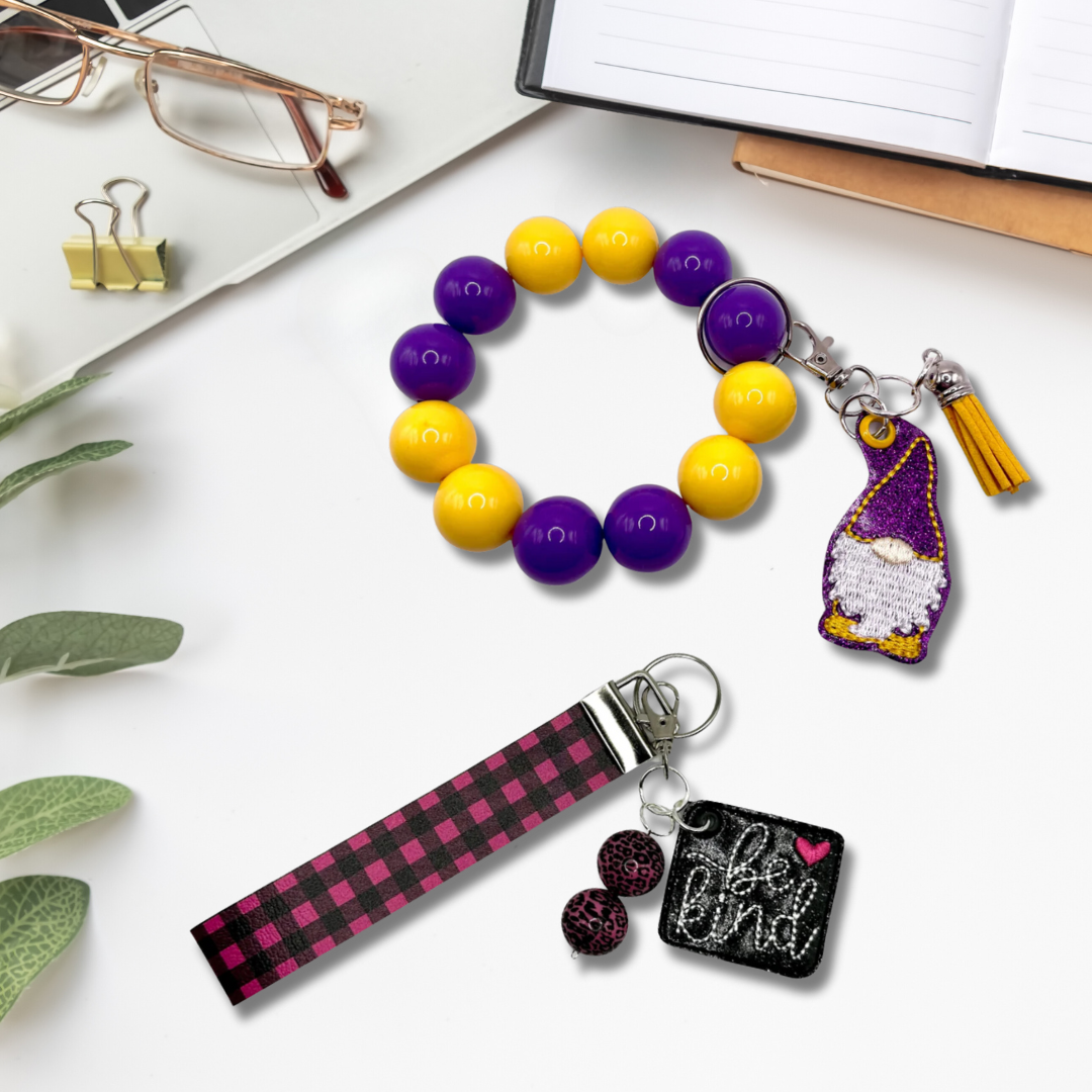 3 Blue Pineapples Purple and Yellow Football Keychain and Wristlet