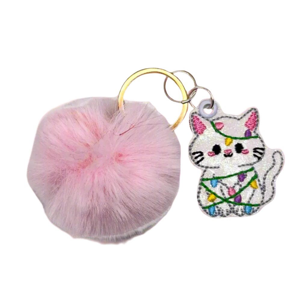 Christmas Light Kitten Pom Pom Keychain