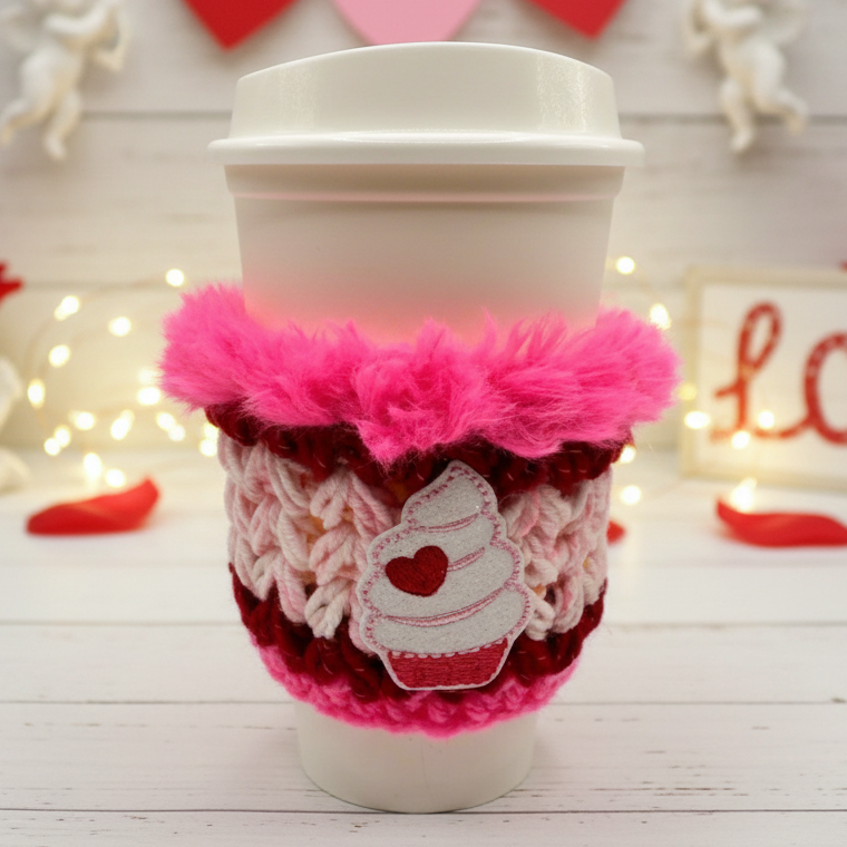 Heart Cupcake Coffee Cozy Sleeve, handmade drink sleeve