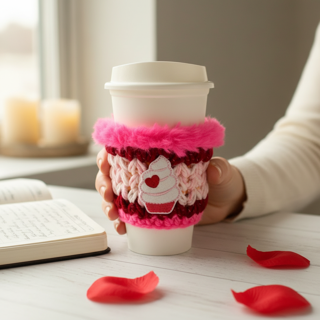 Heart Cupcake Coffee Cozy Sleeve, handmade drink sleeve - view 2