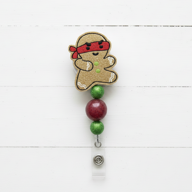Ninja Gingerbread Man Badge Reel, handmade retractable ID badge reel