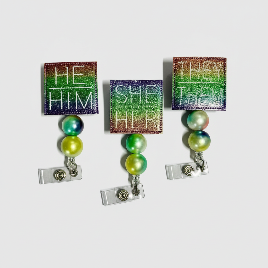 Pronoun Badge Reel, handmade retractable ID badge reel - view 3
