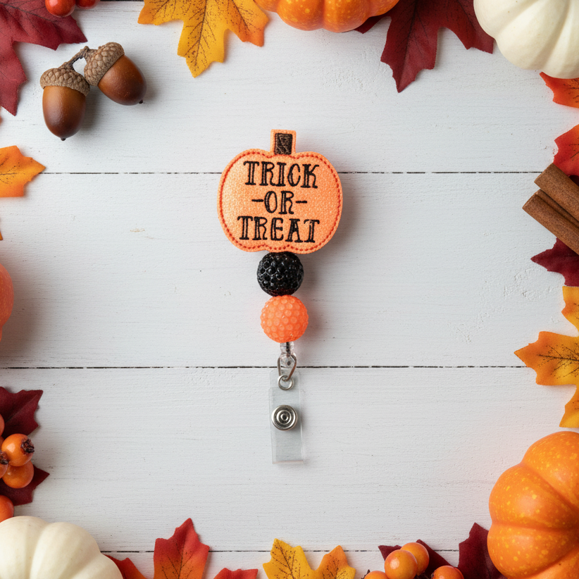 Trick or Treat Pumpkin Beaded Badge Reel