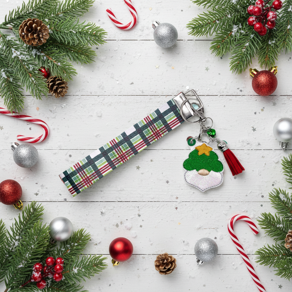 Christmas Tree Gnome Keychain and Wristlet, handmade keychain wristlet - view 2