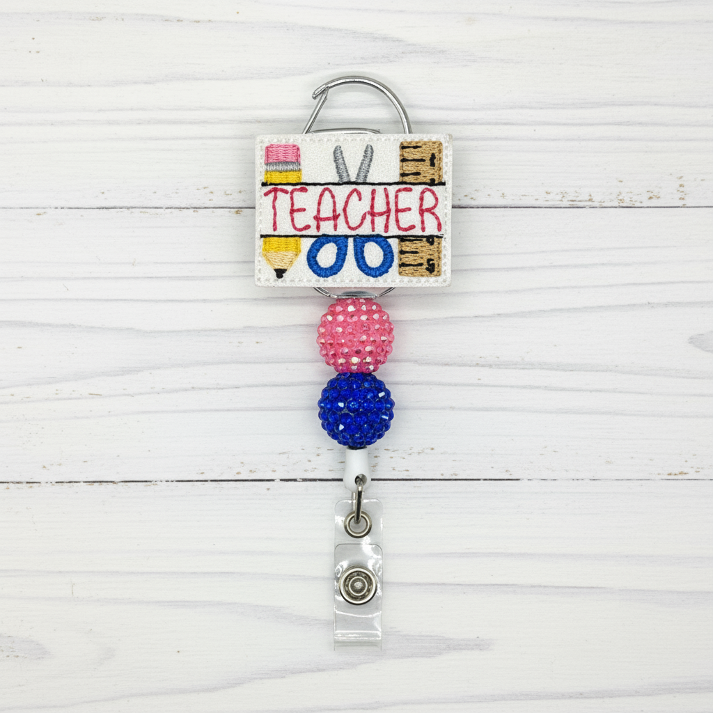 Teacher With Supplies Badge Reel