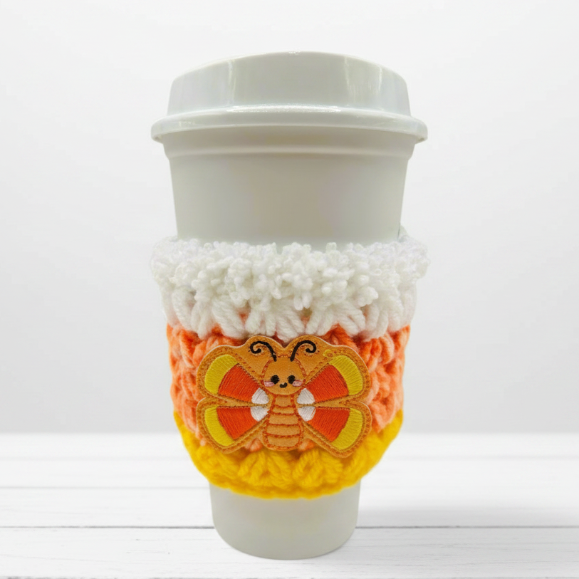 Candy corn butterfly coffee cozy