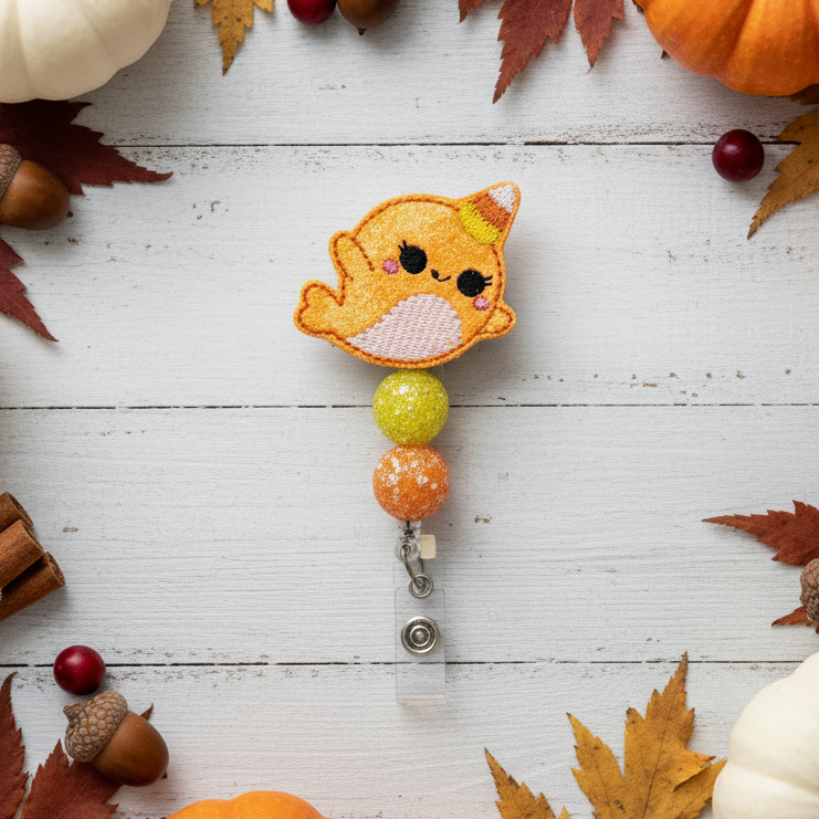 Candy Corn Narwhal Beaded Badge Reel