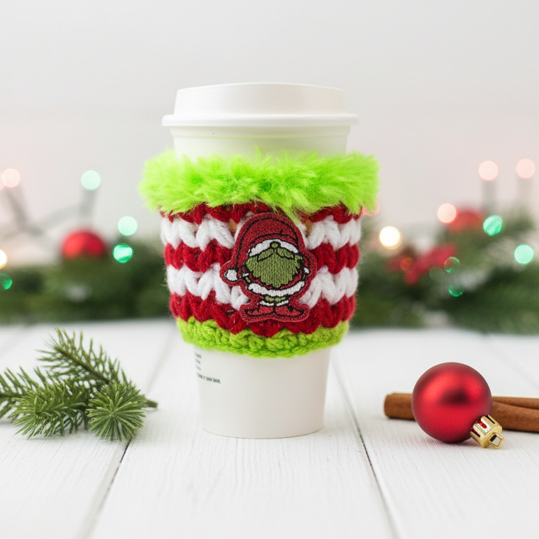 Green Gnome Coffee Cozy, handmade drink sleeve