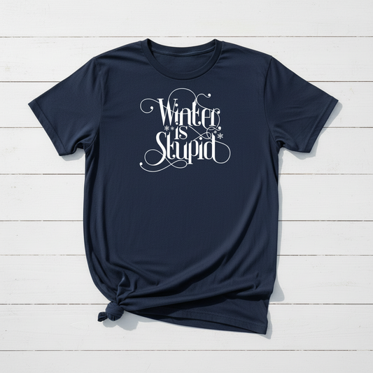 A black or navy blue t-shirt with the text 'Winter is Stupid' printed in a large, decorative font on the front.