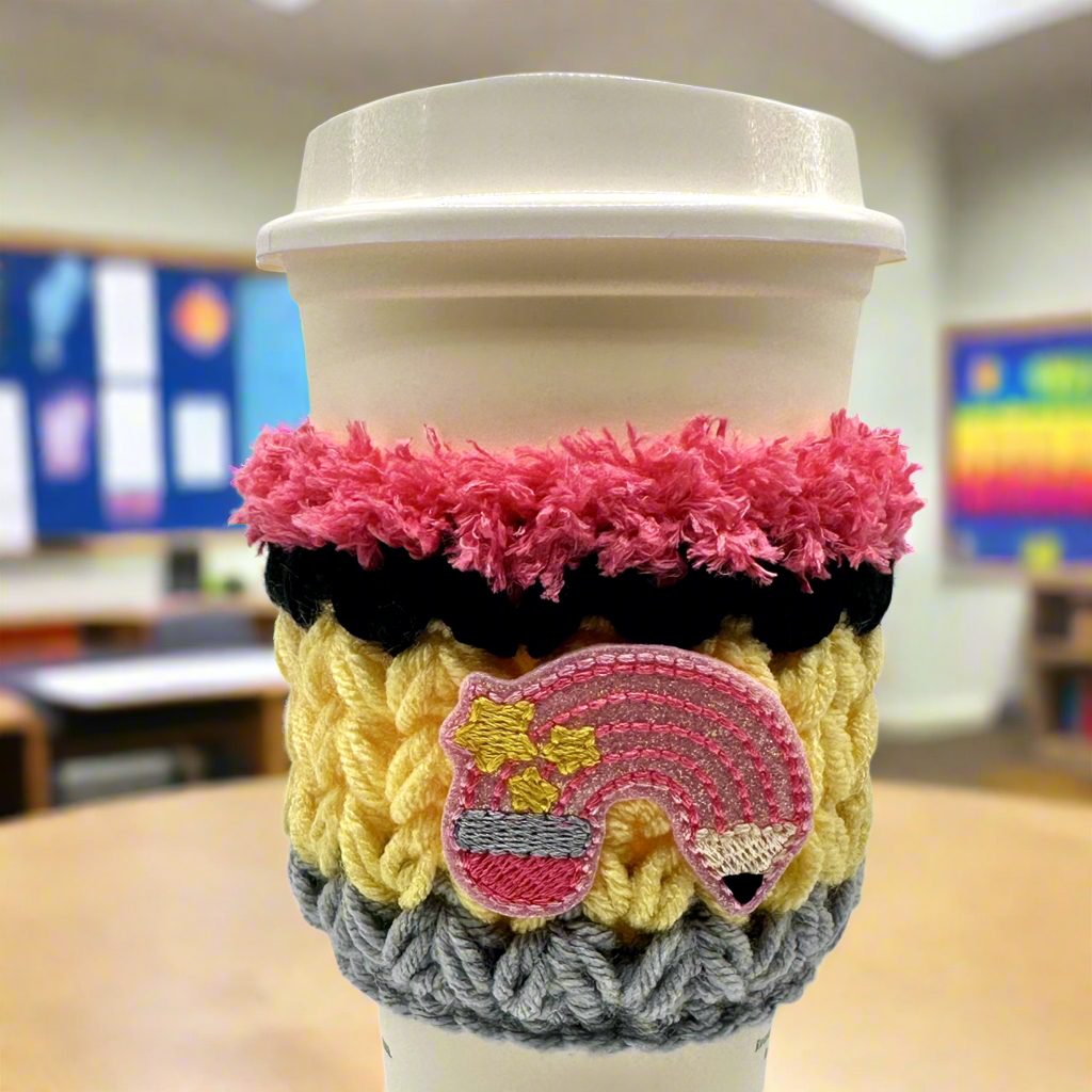 Pink Rainbow Pencil Crocheted Coffee Cozy