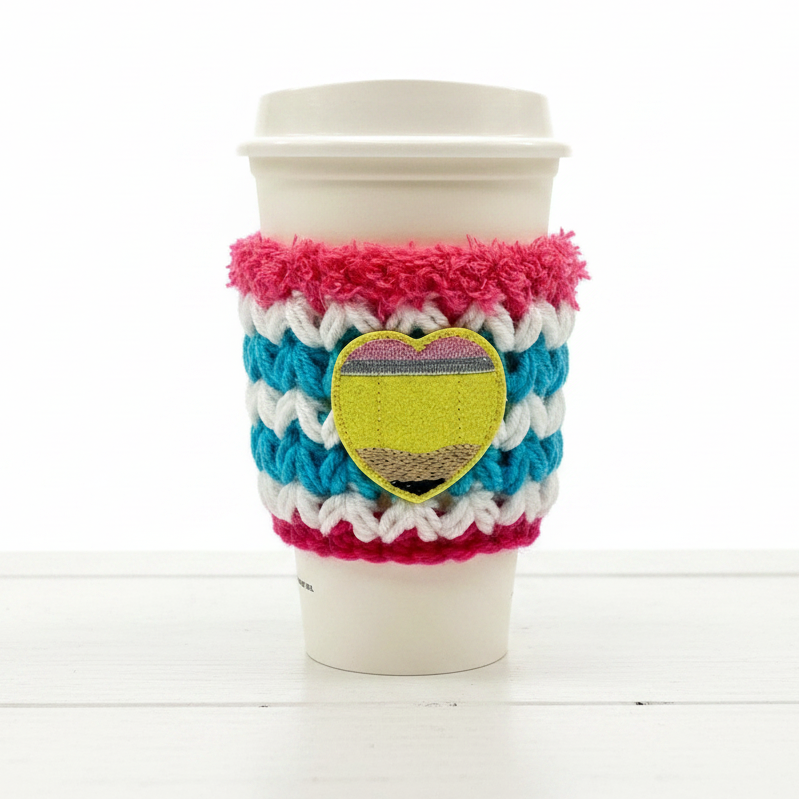 Pencil Heart Crocheted Coffee Cozy, handmade drink sleeve