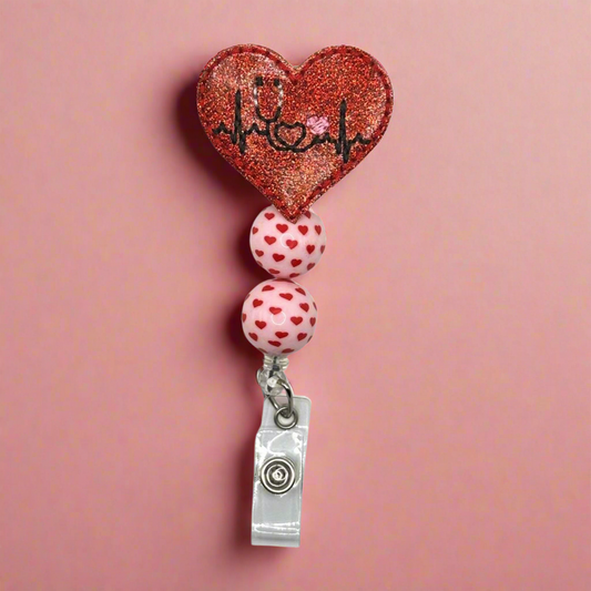 Red Heart EKG Badge Reel