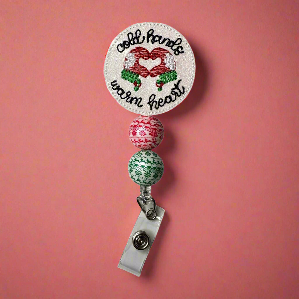 Cold Hands Warm Heart Mitten Beaded Badge Reel