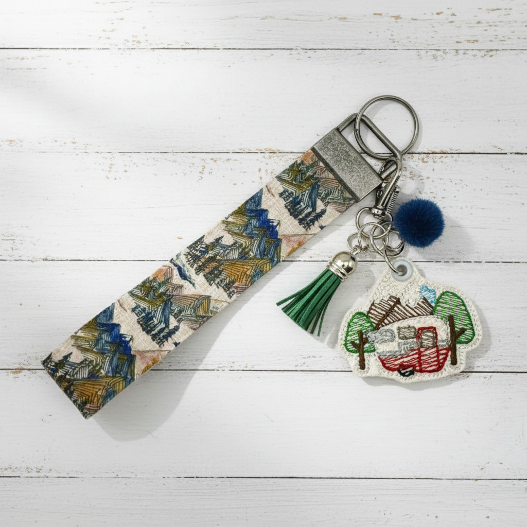 Keychain with embroidered design on a white background