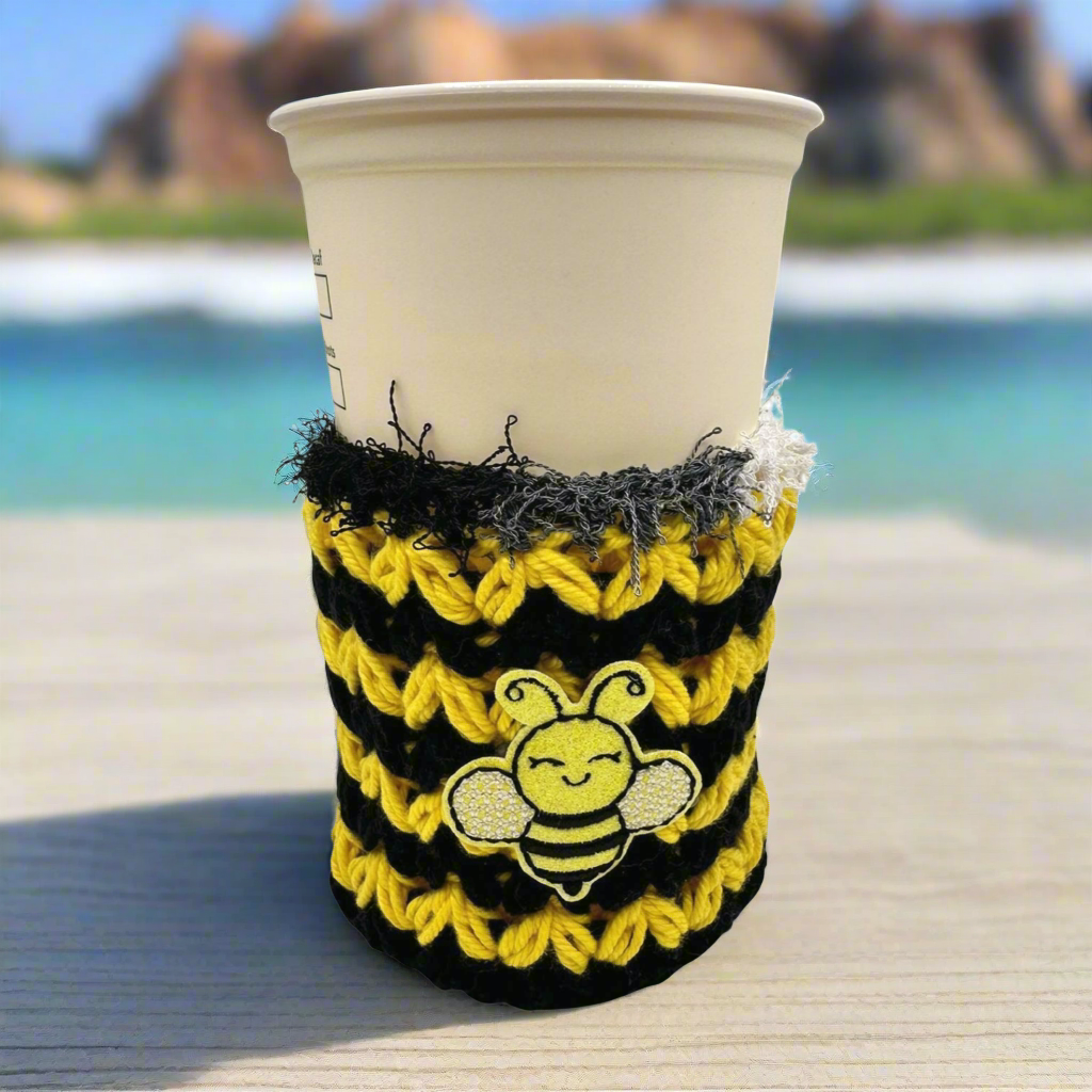 Bee cold cup cozy, handmade drink sleeve