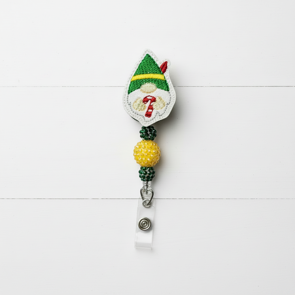 Candy Cane Gnome Beaded Badge Reel