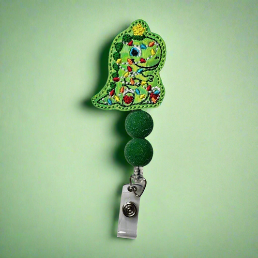 T-Rex with Christmas Lights Beaded Badge Reel