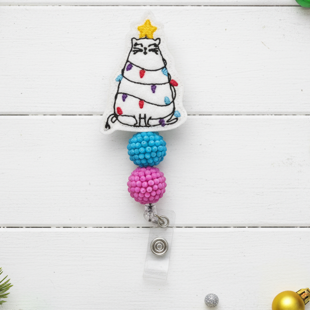 Cat Tree Beaded Badge Reel, handmade retractable ID badge reel