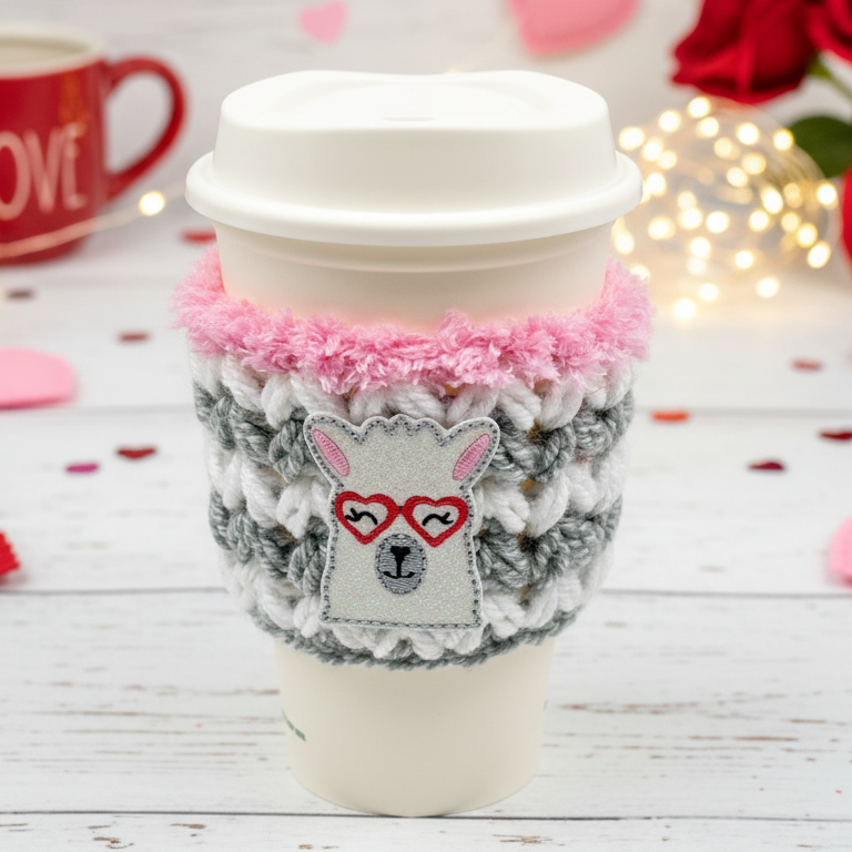 Llama with Heart Glasses Coffee Cozy