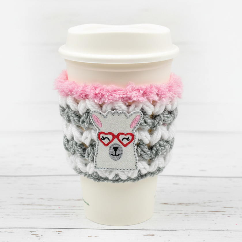Llama with Heart Glasses Coffee Cozy