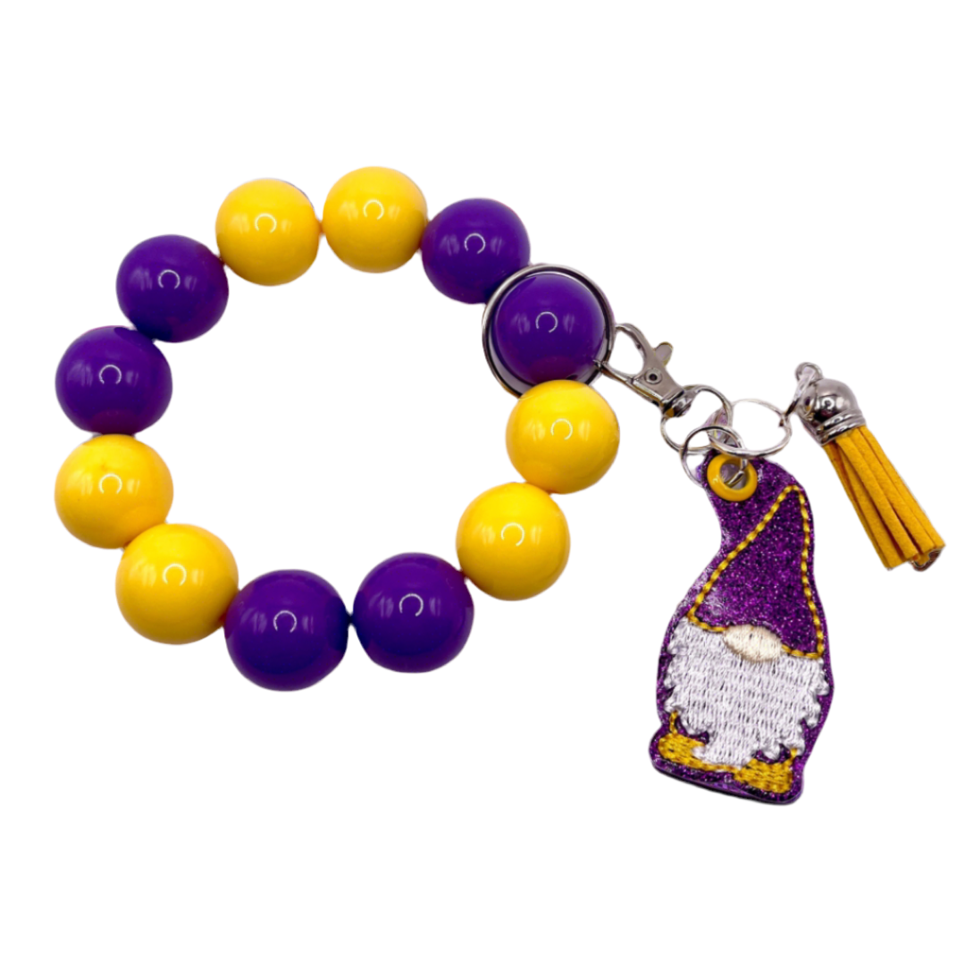 Purple and Gold Gnome Keychain with Beaded Wristlet
