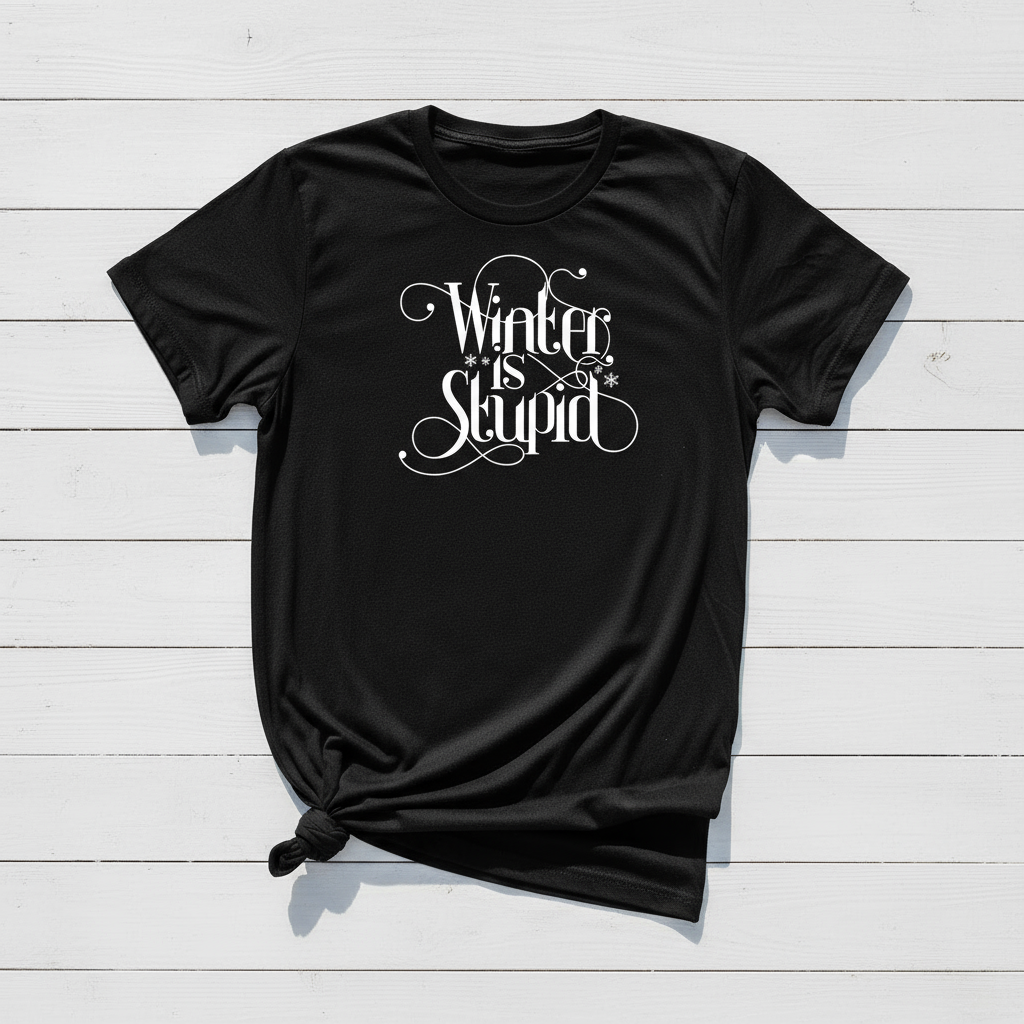 Black t-shirt with white text 'Winter is Stupid' on a white background