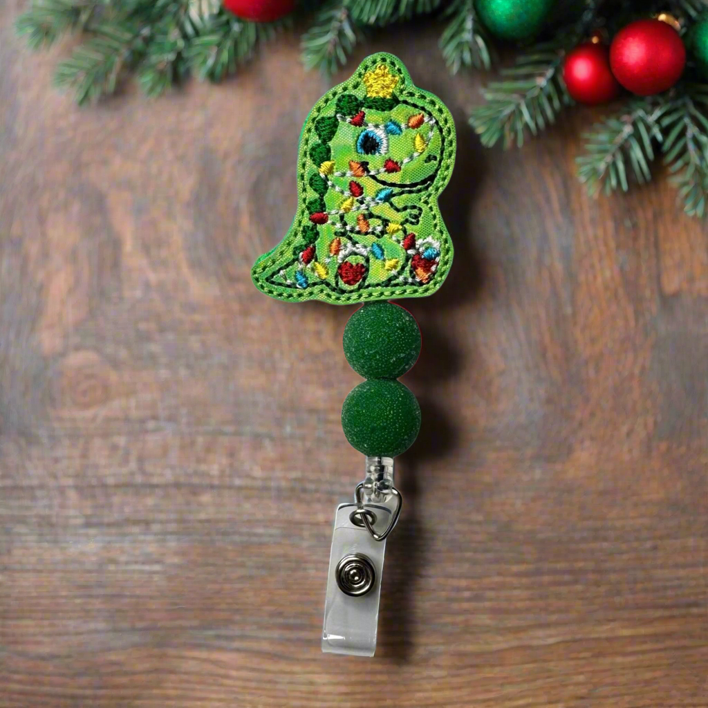 T-Rex with Christmas Lights Beaded Badge Reel