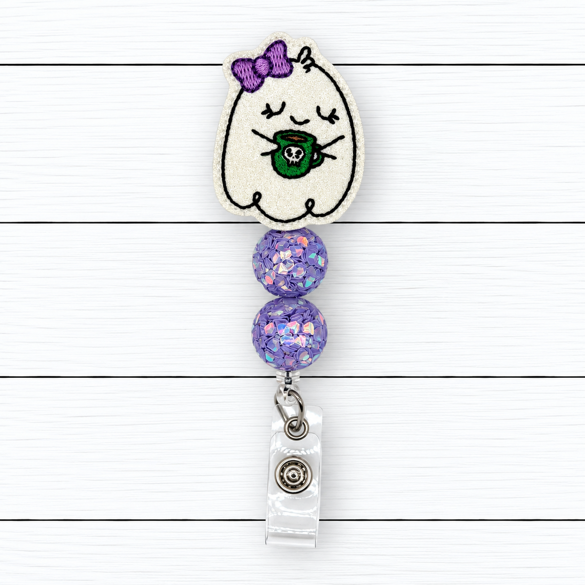 Bow Ghost with Coffee Halloween Badge Reel
