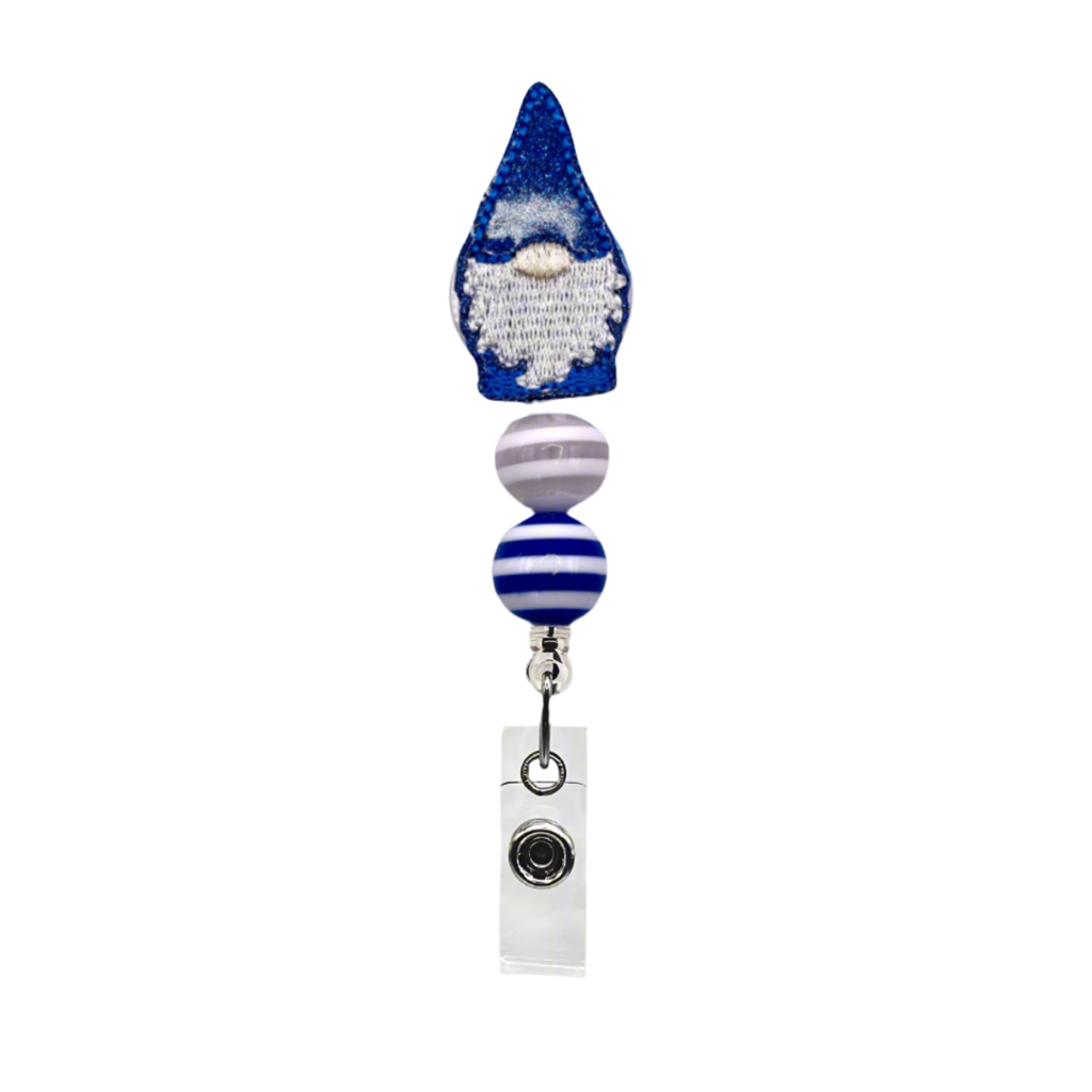 Blue and White Gnome Striped Beaded Badge Reel