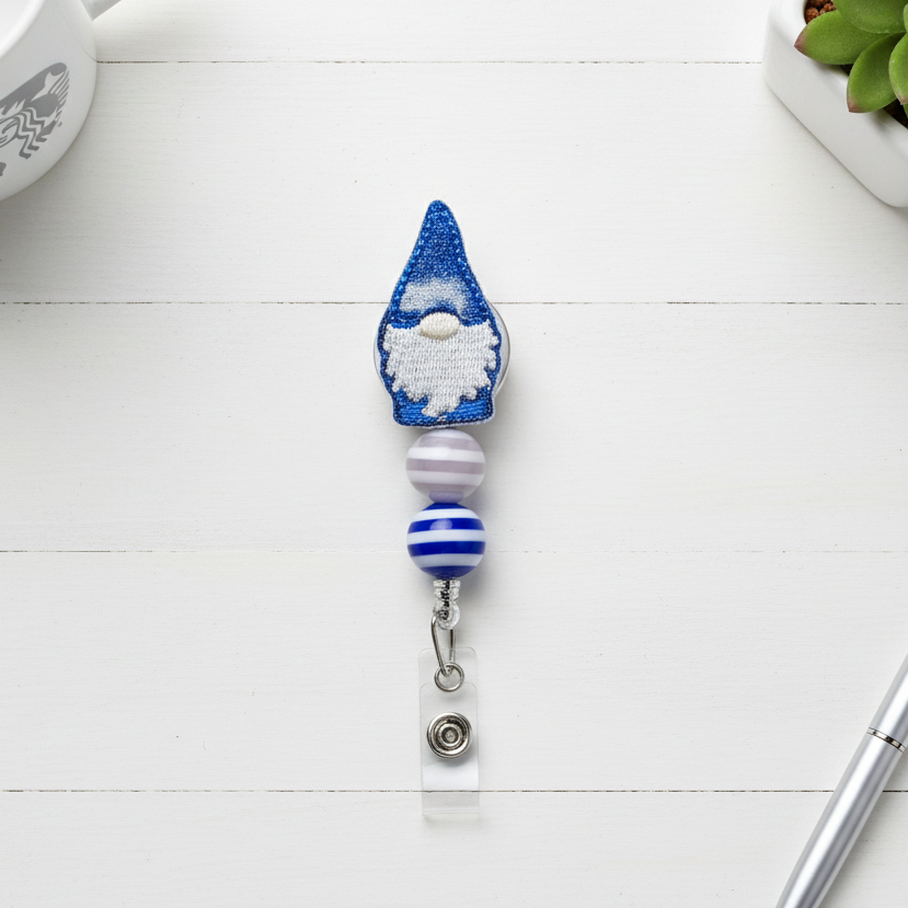 Blue and White Gnome Striped Beaded Badge Reel, handmade retractable ID badge reel