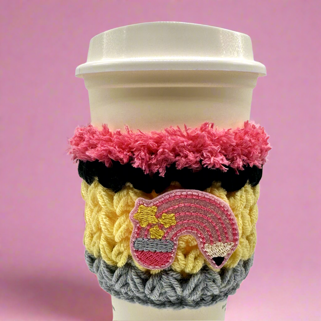 Pink Rainbow Pencil Crocheted Coffee Cozy