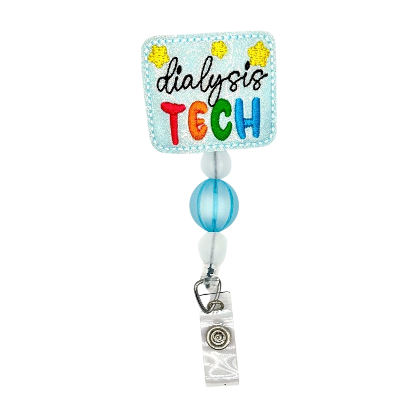 Colorful badge holder with 'Dialysis Tech' text on a white background