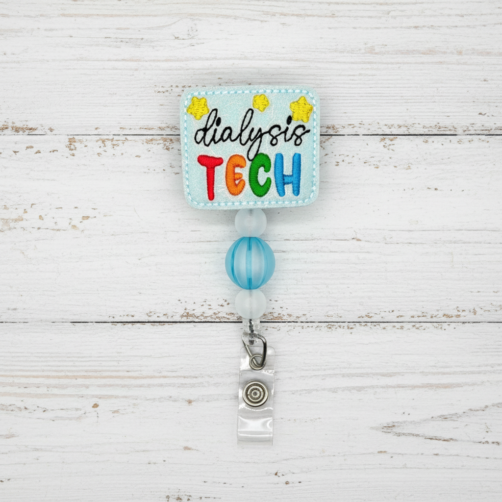 Colorful badge holder with 'Dialysis Tech' text on a white background