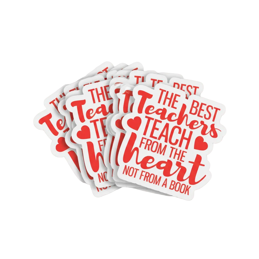Stack of red and white stickers with a teacher-themed design on a white background
