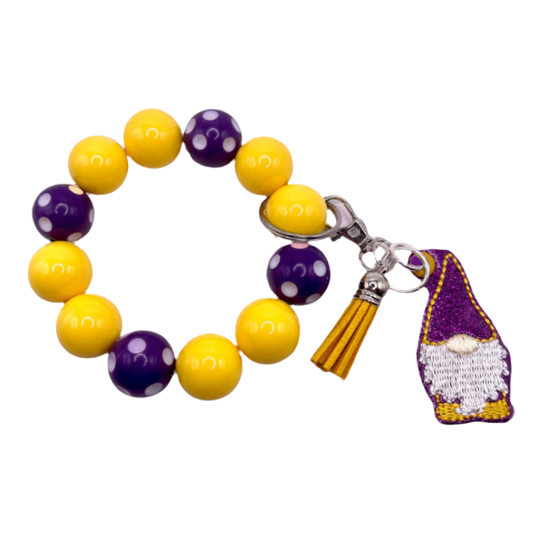 Purple and Gold Gnome Keychain with Beaded Wristlet