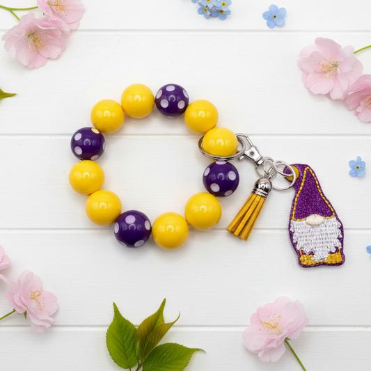 Purple and Gold Gnome Keychain with Beaded Wristlet