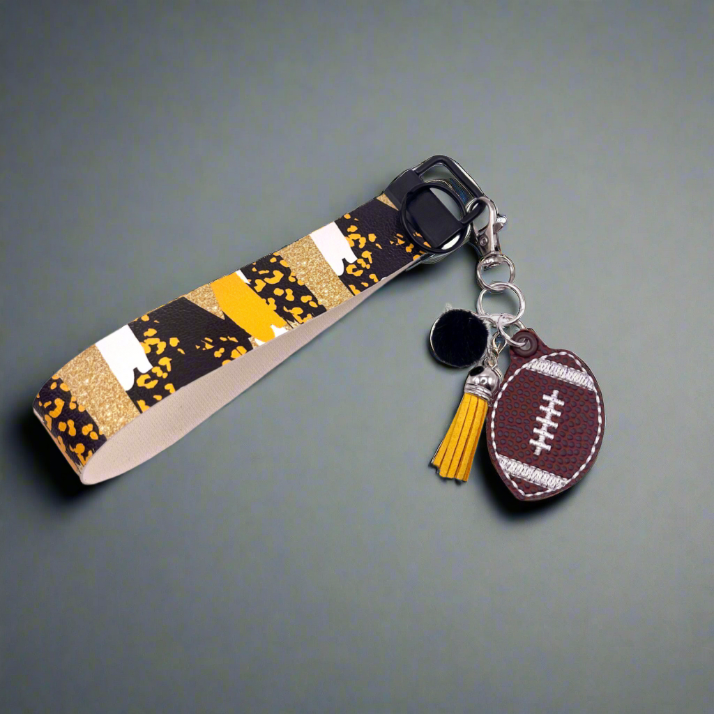 Black and Gold Football Keychain and Wristlet