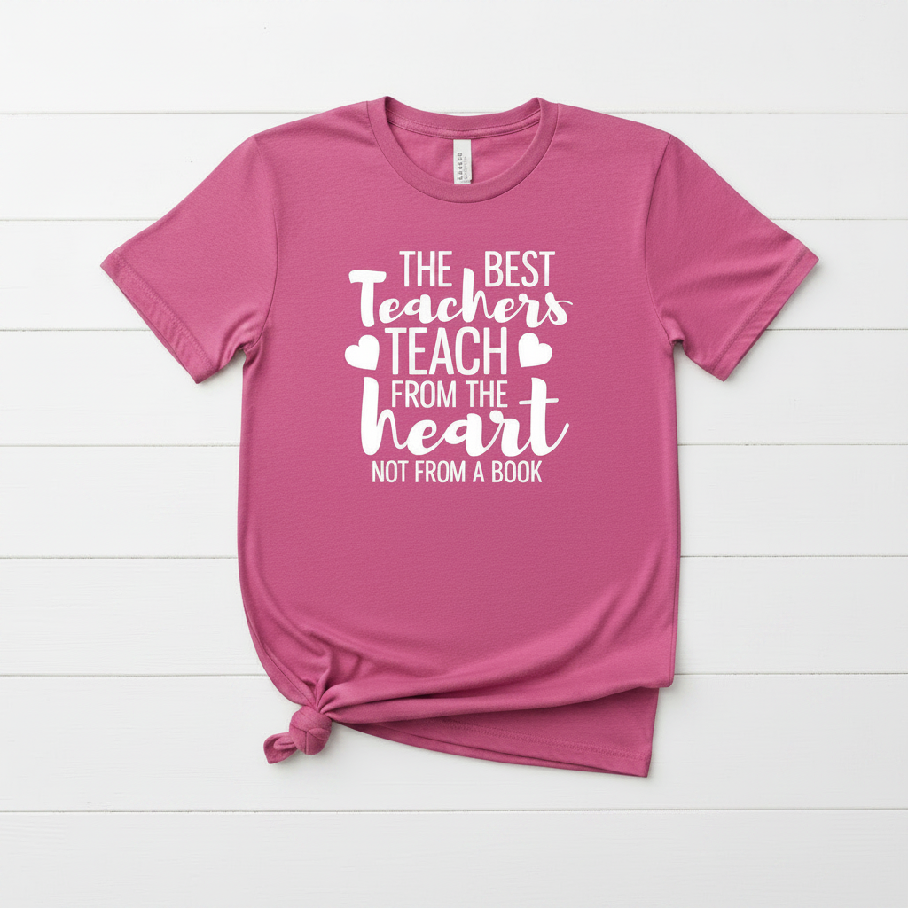 Pink t-shirt with white text on a white background