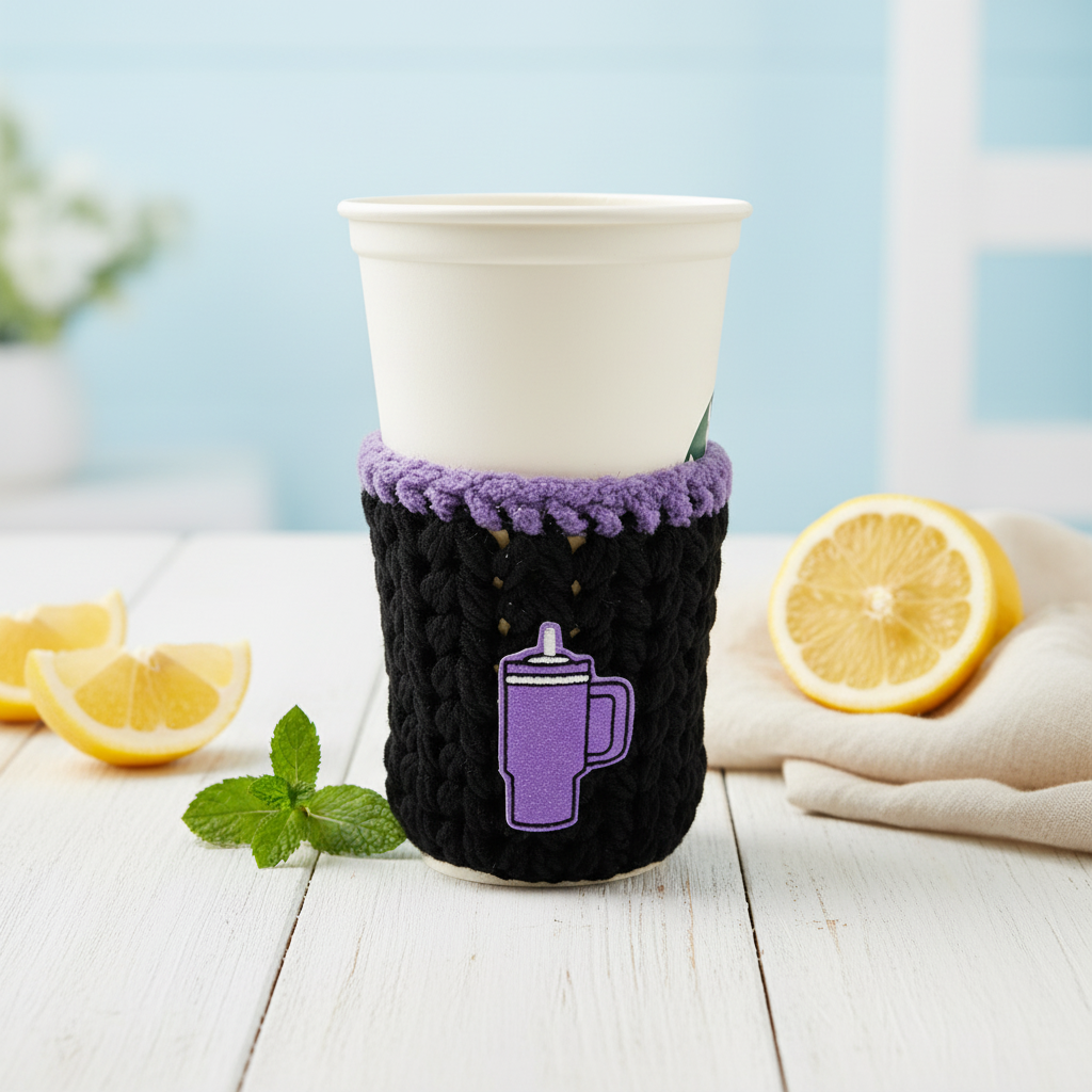 A crocheted cozy in black with purple trim, displayed around a cup, against a white background.