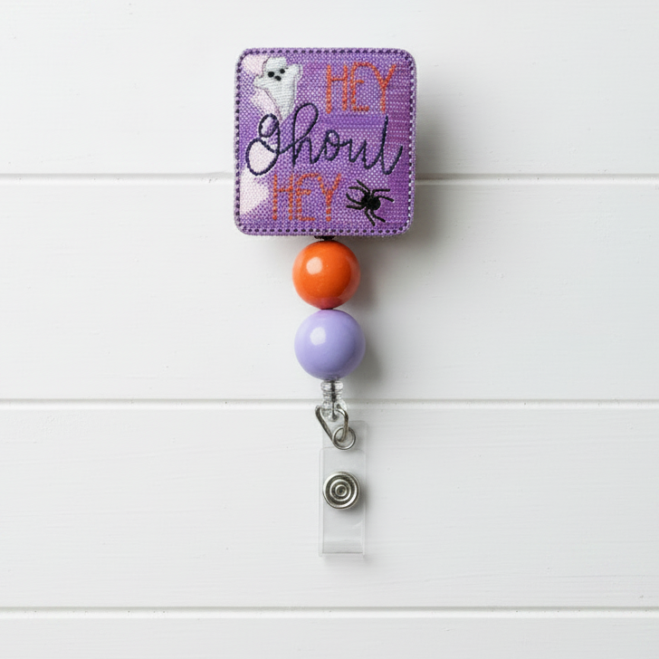 Hey Ghoul Hey Beaded Badge Reel, handmade retractable ID badge reel