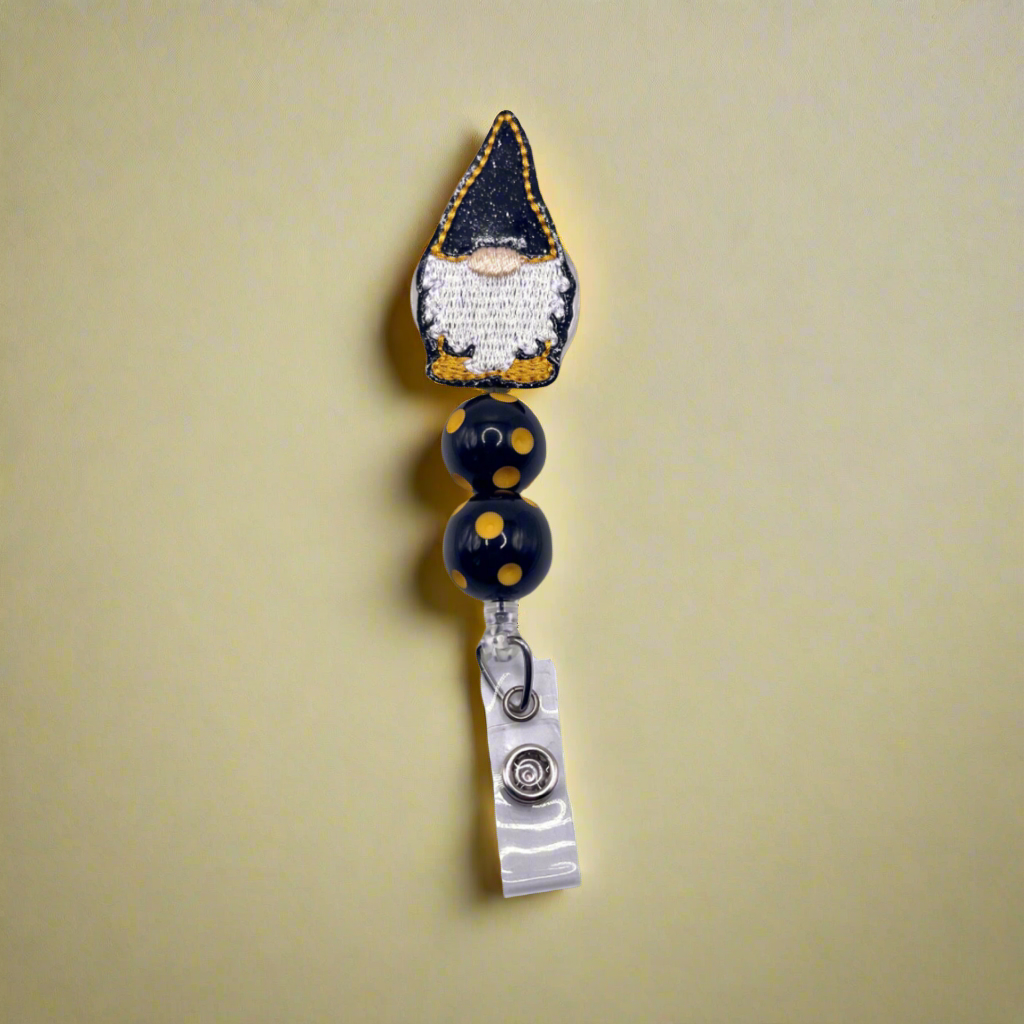 Black and Gold Gnome Beaded Badge Reel