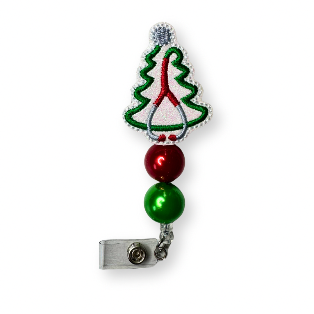 Christmas Tree Stethoscope Beaded Badge Reel