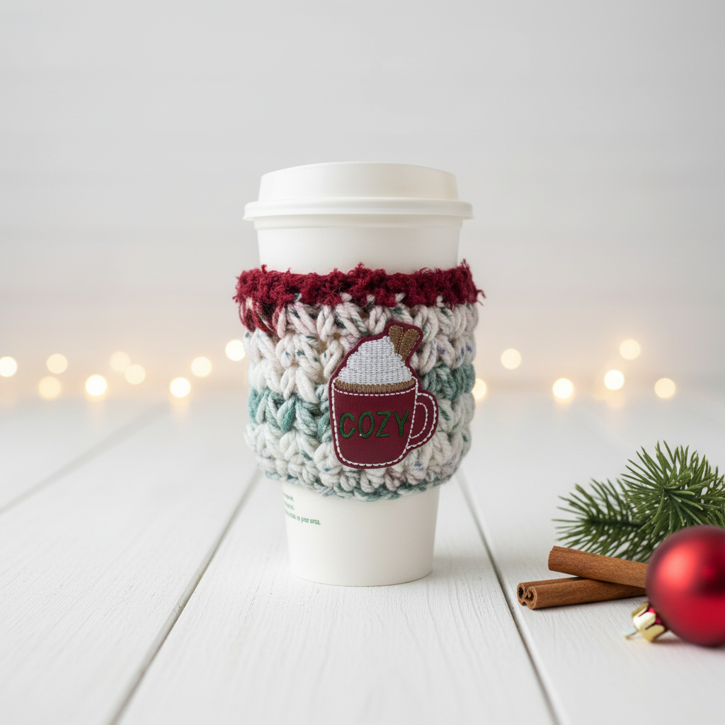 Red Cozy Cider Mug Coffee Cozy, handmade drink sleeve