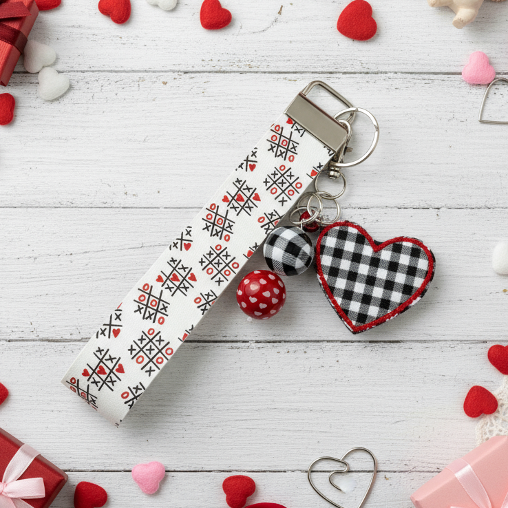 White Plaid Heart Keychain and Wristlet