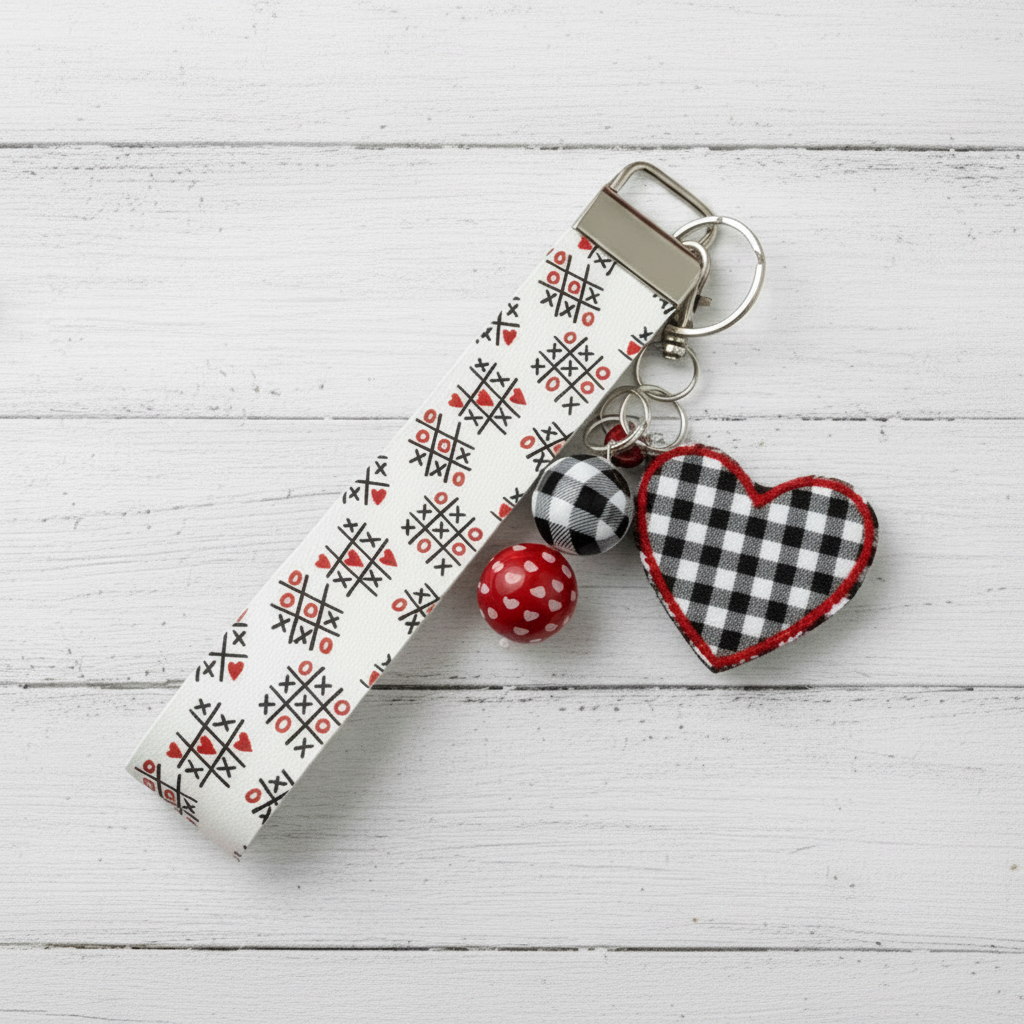 White Plaid Heart Keychain and Wristlet, handmade keychain wristlet