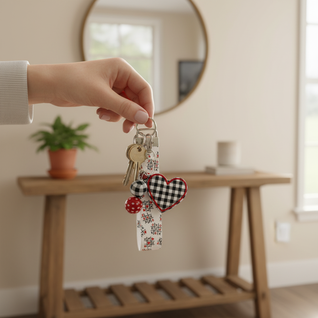 White Plaid Heart Keychain and Wristlet