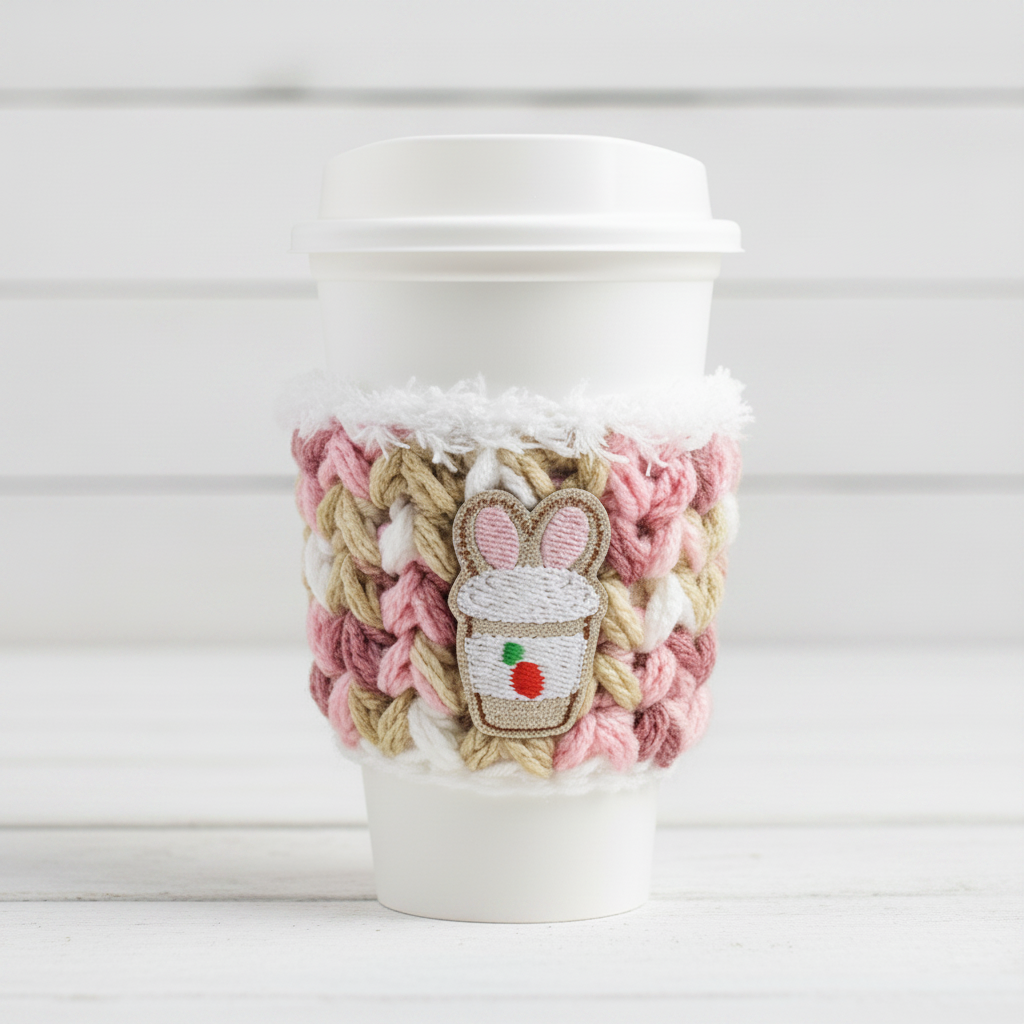 Bunny Ear Coffee cup Crocheted Coffee Cozy, handmade drink sleeve