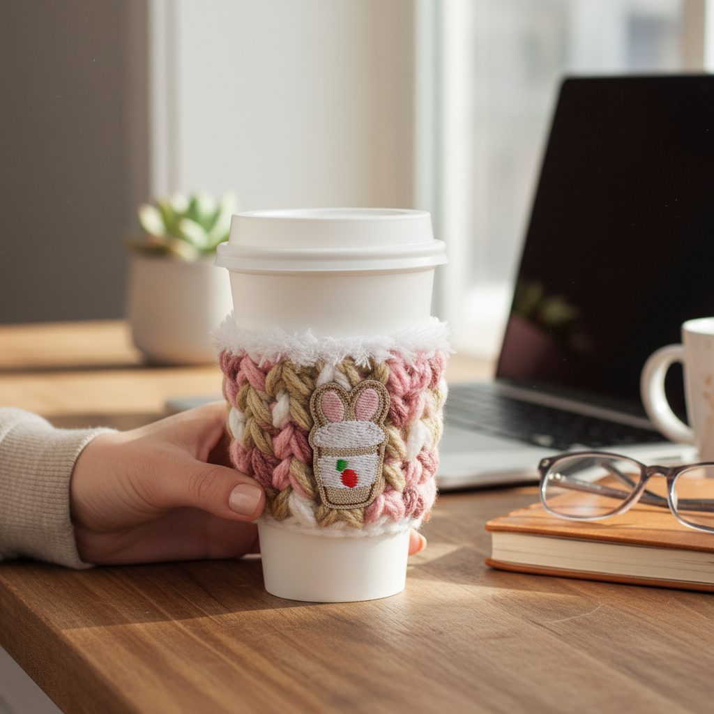 Bunny Ear Coffee cup Crocheted Coffee Cozy, handmade drink sleeve - view 2