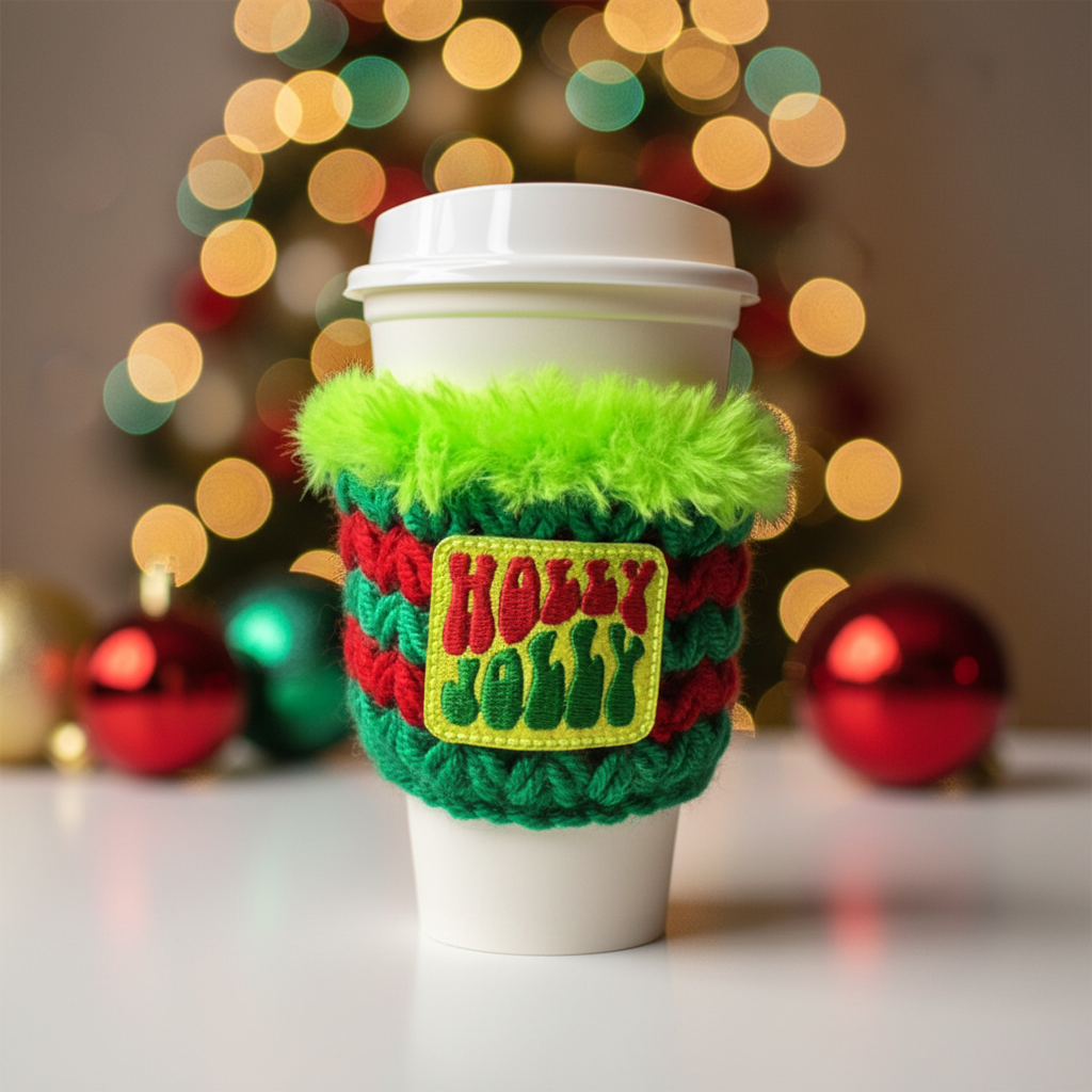 Holly Jolly Coffee Cozy, handmade drink sleeve - view 2