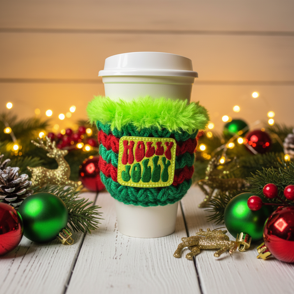 Holly Jolly Coffee Cozy, handmade drink sleeve - view 3